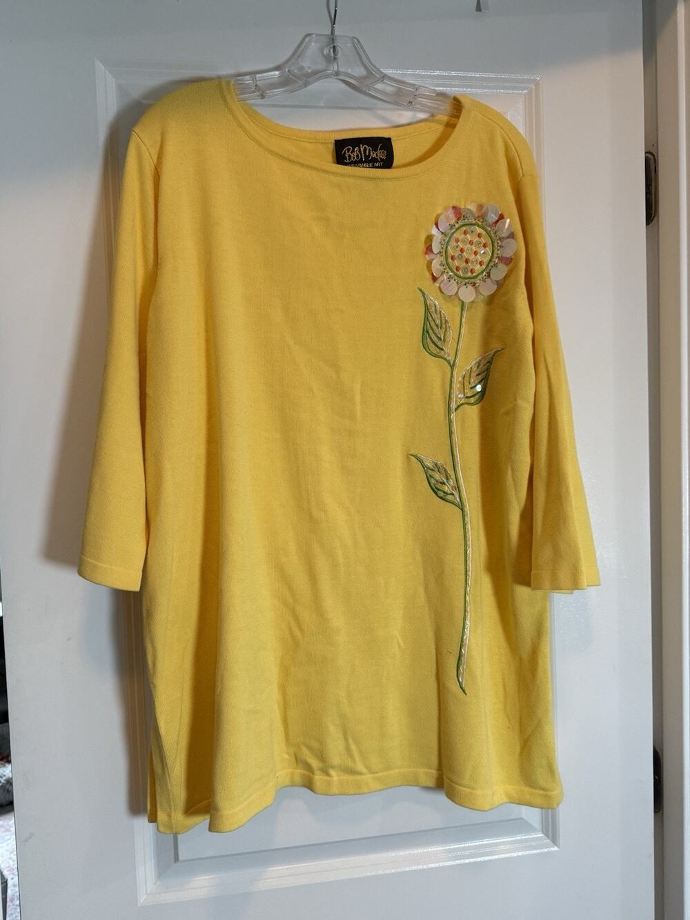 Bob Mackie Wearable Art Top Womens 1X Yellow Sequin Flower Embroidered